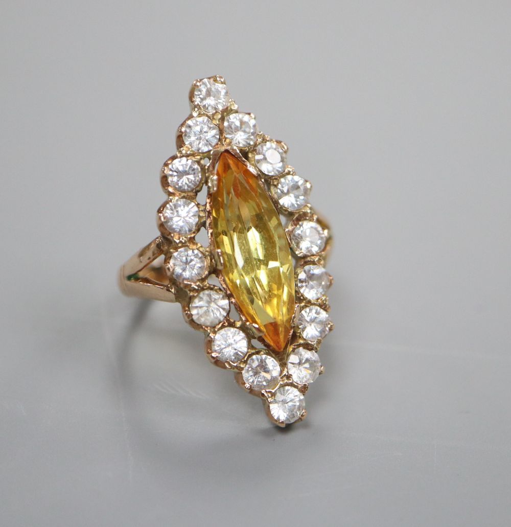 A paste and citrine marquise dress ring, stamped 18ct, finger size L